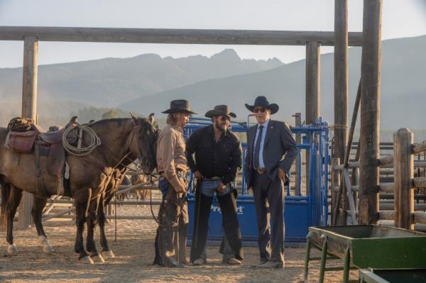 Luke Grimes, Cole Hauser, Kevin Costner in "Yellowstone." 