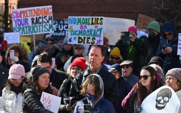 Protesters rally on President's Day at Lawyers Mall in Annapolis against the policies of President Do<em></em>nald Trump and Elon Musk as part of the natio<em></em>nwide "50501" Movement. (Paul W. Gillespie/Staff)