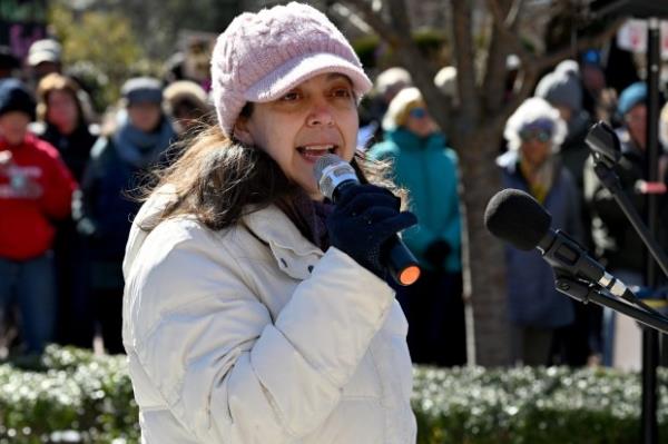 Protesters chant "Yes we can!" Protesters rally on President's Day at Lawyers Mall in Annapolis against the policies of President Do<em></em>nald Trump and Elon Musk as part of the natio<em></em>nwide "50501" Movement. (Paul W. Gillespie/Staff)