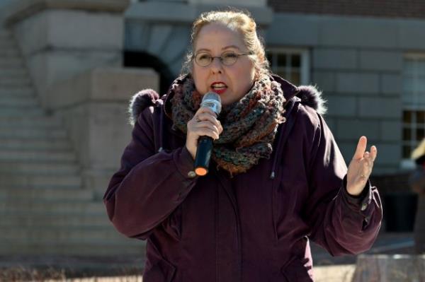 District 33C Delegate Heather Bagnall gives remarks. Protesters rally on President's Day at Lawyers Mall in Annapolis against the policies of President Do<em></em>nald Trump and Elon Musk as part of the natio<em></em>nwide "50501" Movement. (Paul W. Gillespie/Staff)