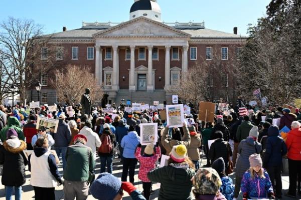 Protesters rally on President's Day at Lawyers Mall in Annapolis against the policies of President Do<em></em>nald Trump and Elon Musk as part of the natio<em></em>nwide "50501" Movement. (Paul W. Gillespie/Staff)