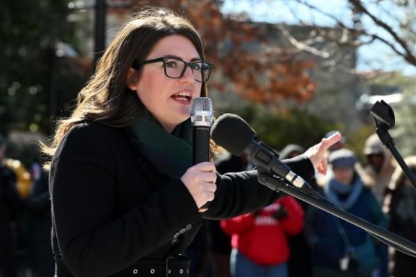 Co<em></em>ngresswoman Sarah Elfreth gives remarks. Protesters rally on President's Day at Lawyers Mall in Annapolis against the policies of President Do<em></em>nald Trump and Elon Musk as part of the natio<em></em>nwide "50501" Movement. (Paul W. Gillespie/Staff)