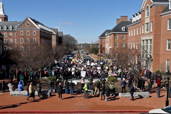 The crowd listens as Co<em></em>ngresswoman Sarah Elfreth gives remarks. Protesters rally on President's Day at Lawyers Mall in Annapolis against the policies of President Do<em></em>nald Trump and Elon Musk as part of the natio<em></em>nwide "50501" Movement. (Paul W. Gillespie/Staff)