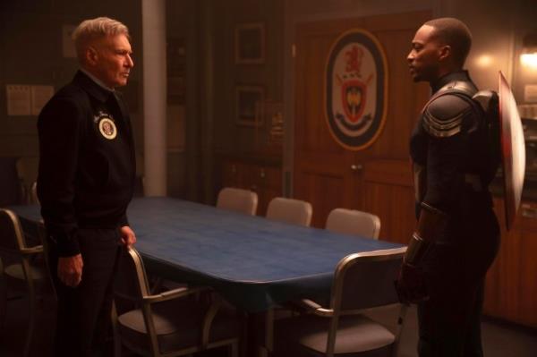 President Thaddeus Ross (Harrison Ford) argues geopolitical strategy with o<em></em>netime Avenger Sam Wilson (Anthony Mackie) in "Captain America: Brave New World." (Eli Ade/Marvel Studios/Disney via AP)