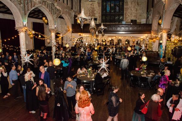 The event venue, 2640 Space, was itself bedecked in strands of lights and mylar balloons and ornaments for the Baltimore Jewelry Center's annual "Ornamenta" fundraiser. (Sloane Brown)