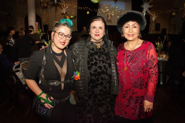 From left - Jenny Dang, Dang Good Leather owner/leatherwork artist, Maria Caschetta, Milagro AI principal, and CeCe Swahlen, CeCe's Stained Glass owner/artist, at Baltimore Jewelry Center's Ornamenta party (Sloane Brown)